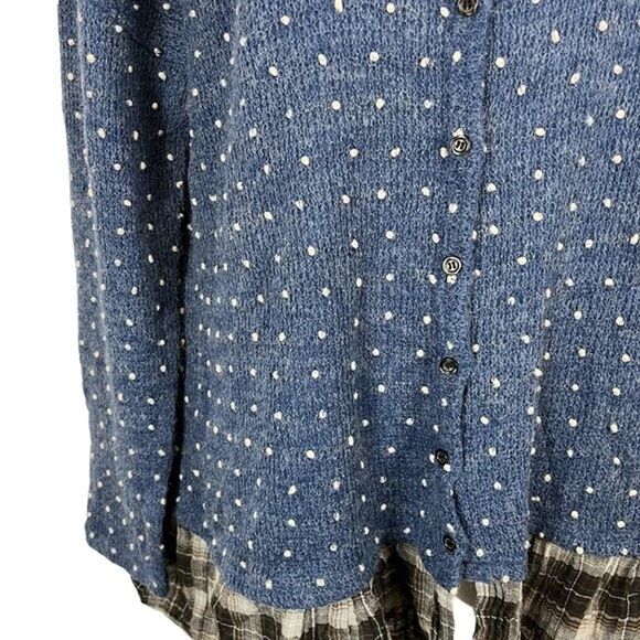 Oddy Womens Blue Swiss Raised Dot Womens Cardigan Sweater Plaid Ruffle V-Neck M - Picture 4 of 16